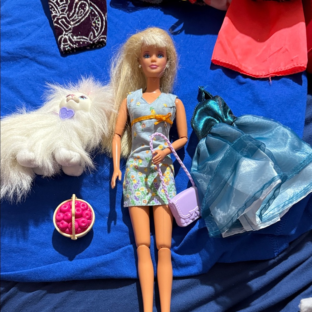 Mattel Pretty Flowers Barbie Fashion Doll in Floral Blue Dress with Purple Purse